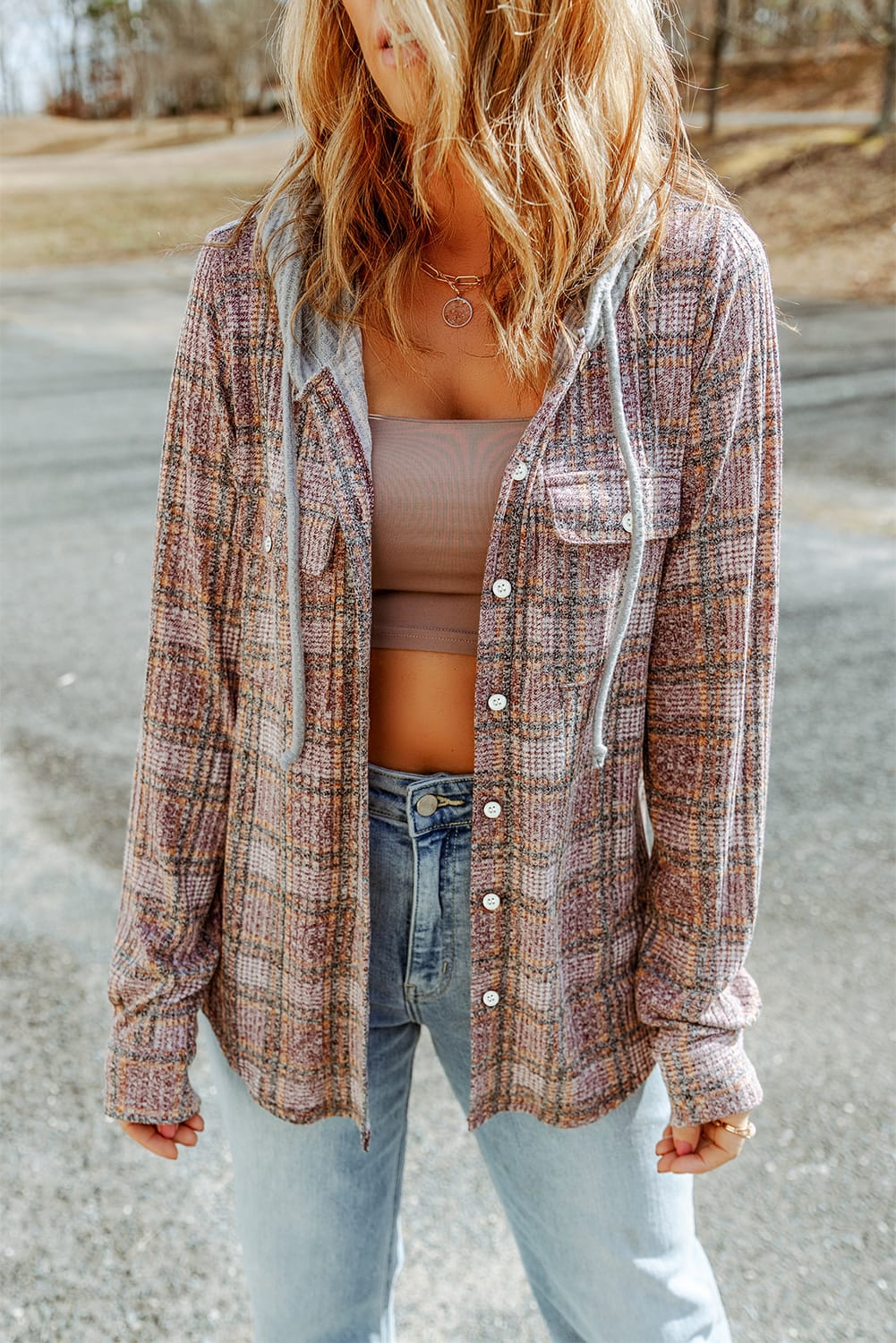 Double Take Plaid Long Sleeve Hooded Jacket - -
