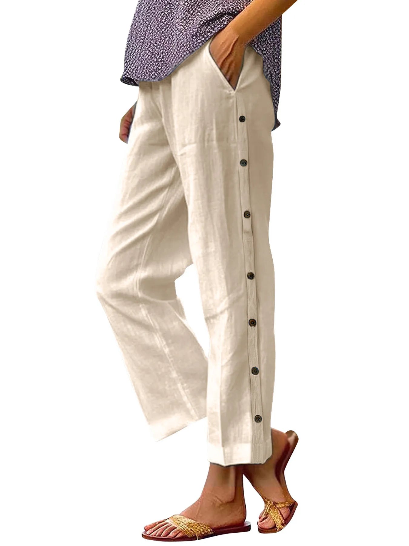 Coastal Stroll – Button Linen Pants - -