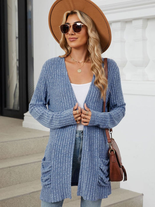 Pocketed Open Front Long Sleeve Cardigan - Dusty Blue -