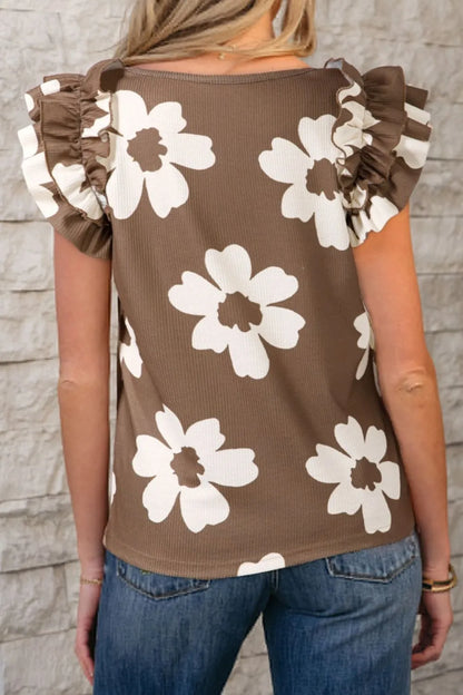 Floral Textured Ruffled Cap Sleeve Blouse - -