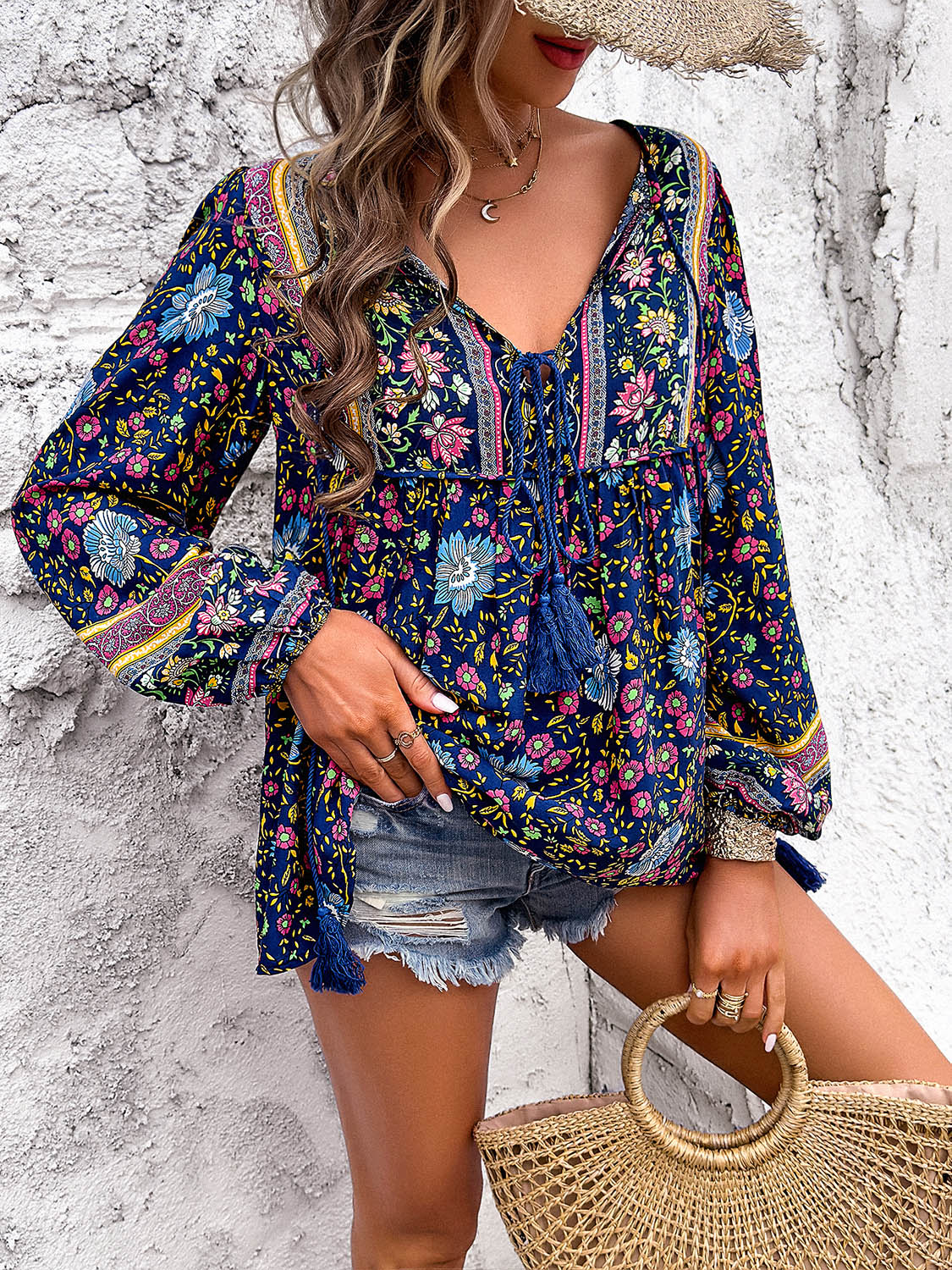 Devine Printed Tie Neck Long Sleeve Blouse - -