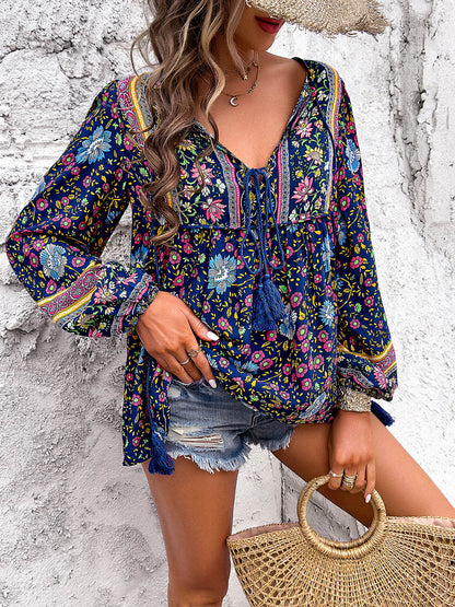 Devine Printed Tie Neck Long Sleeve Blouse - -