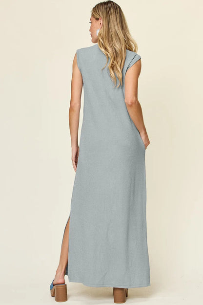 Double Take Full Size Texture Mock Neck Sleeveless Maxi Dress - -