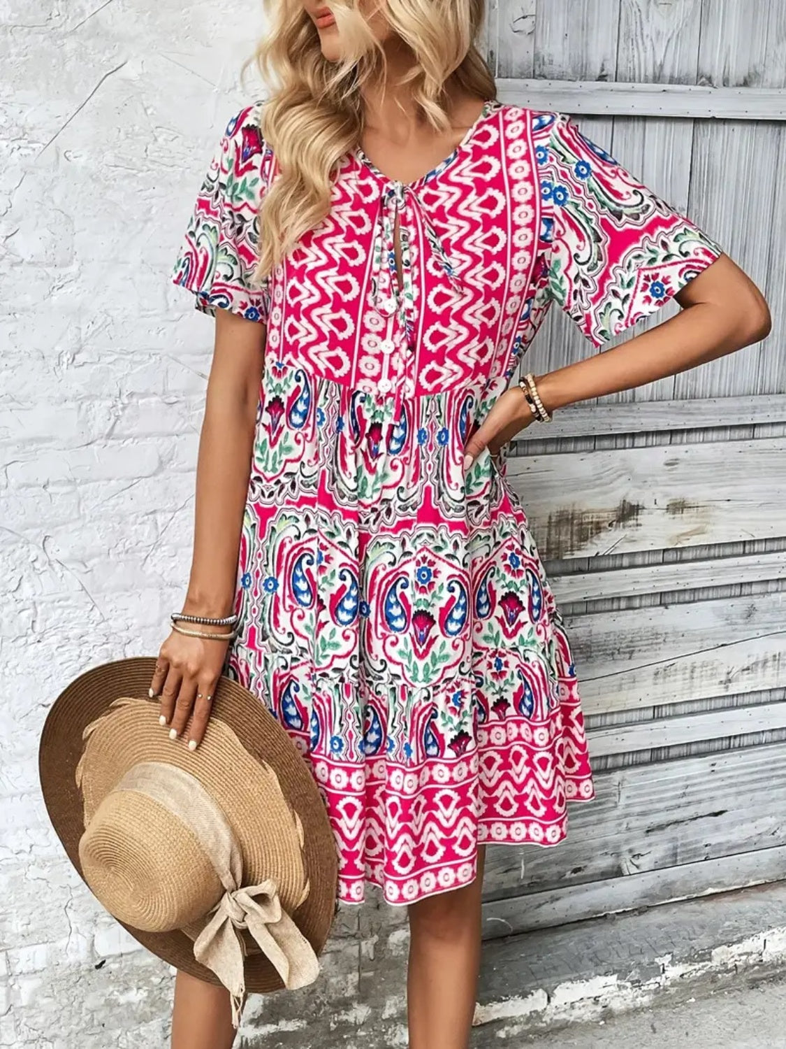 Printed Tie Neck Short Sleeve Dress - -