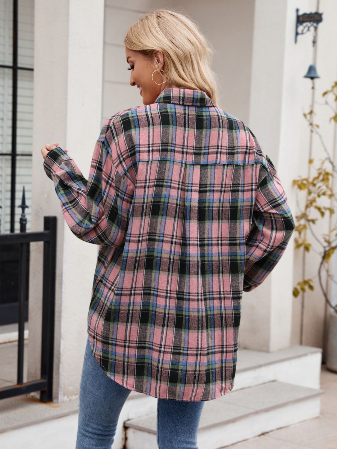 Mandy Pocketed Plaid Collared Neck Long Sleeve Shirt - -