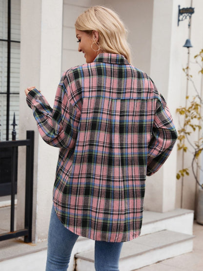 Mandy Pocketed Plaid Collared Neck Long Sleeve Shirt - -