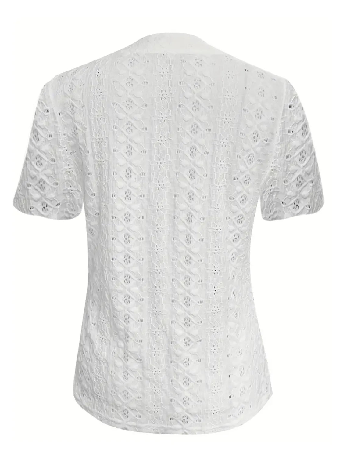 Openwork Notched Short Sleeve Top – Button Detail Summer Chique - -