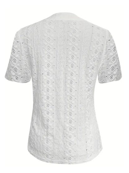 Openwork Notched Short Sleeve Top – Button Detail Summer Chique - -