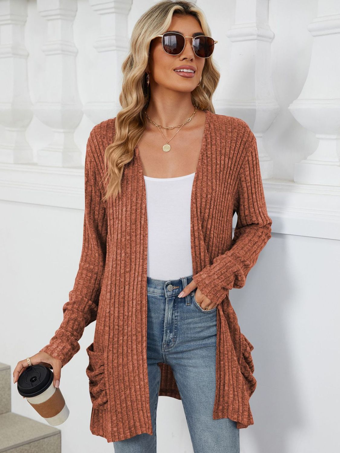 Pocketed Open Front Long Sleeve Cardigan - -