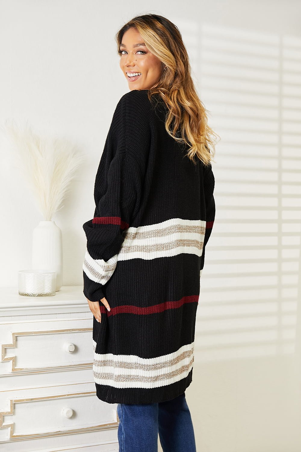 Perfee Striped Rib - Knit Drop Shoulder Open Front Cardigan – | Shannon’s Chique Boutique