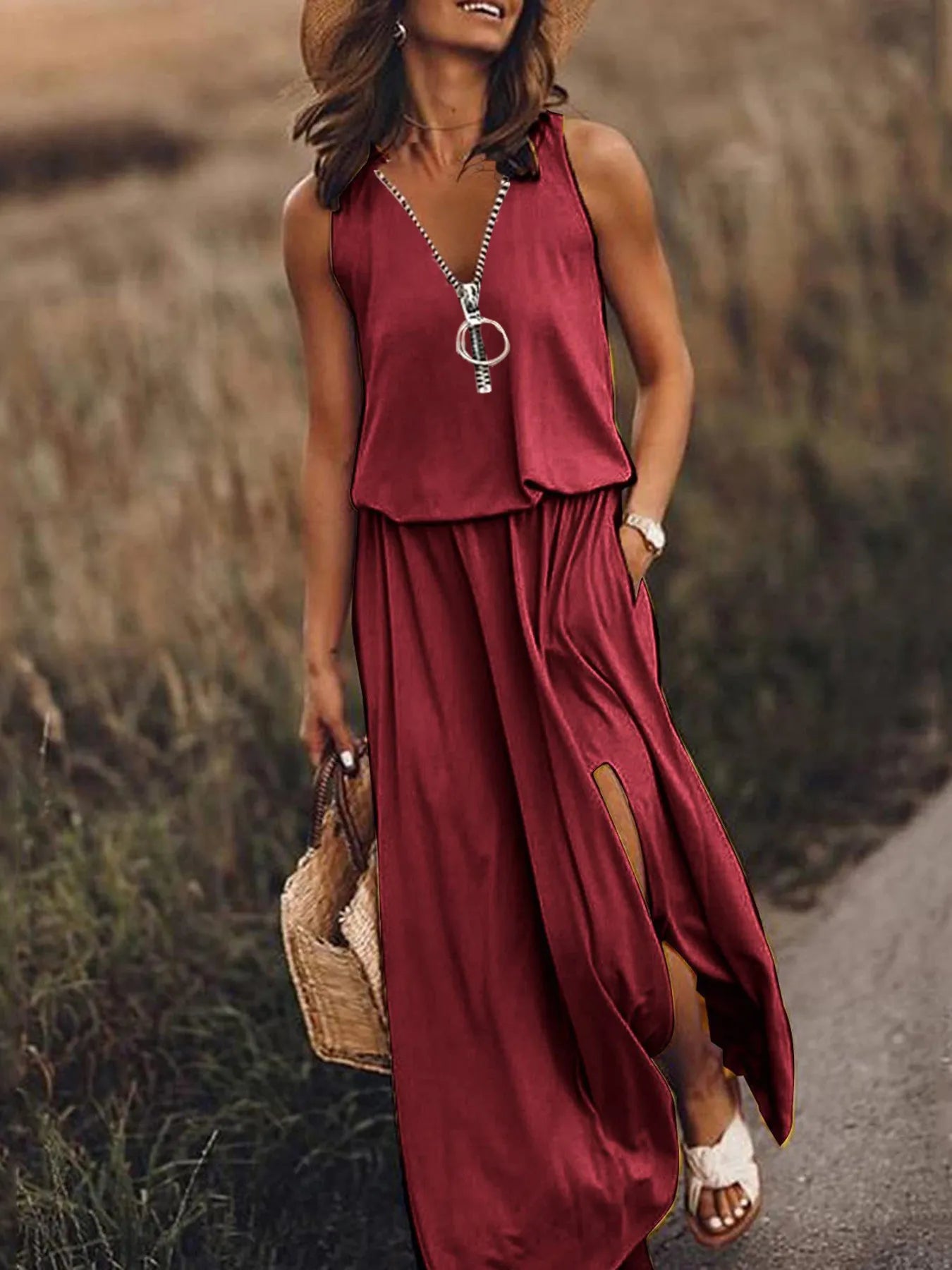 Full Size Half Zip Sleeveless Maxi Dress with Side Slit Plus Size - Red -
