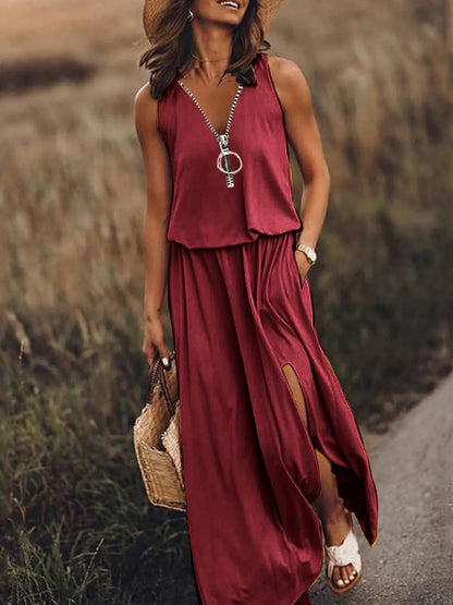 Full Size Half Zip Sleeveless Maxi Dress with Side Slit Plus Size - Red -
