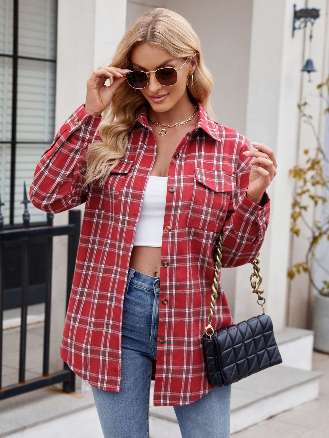Mandy Plaid Button Up Long Sleeve Shirt - -