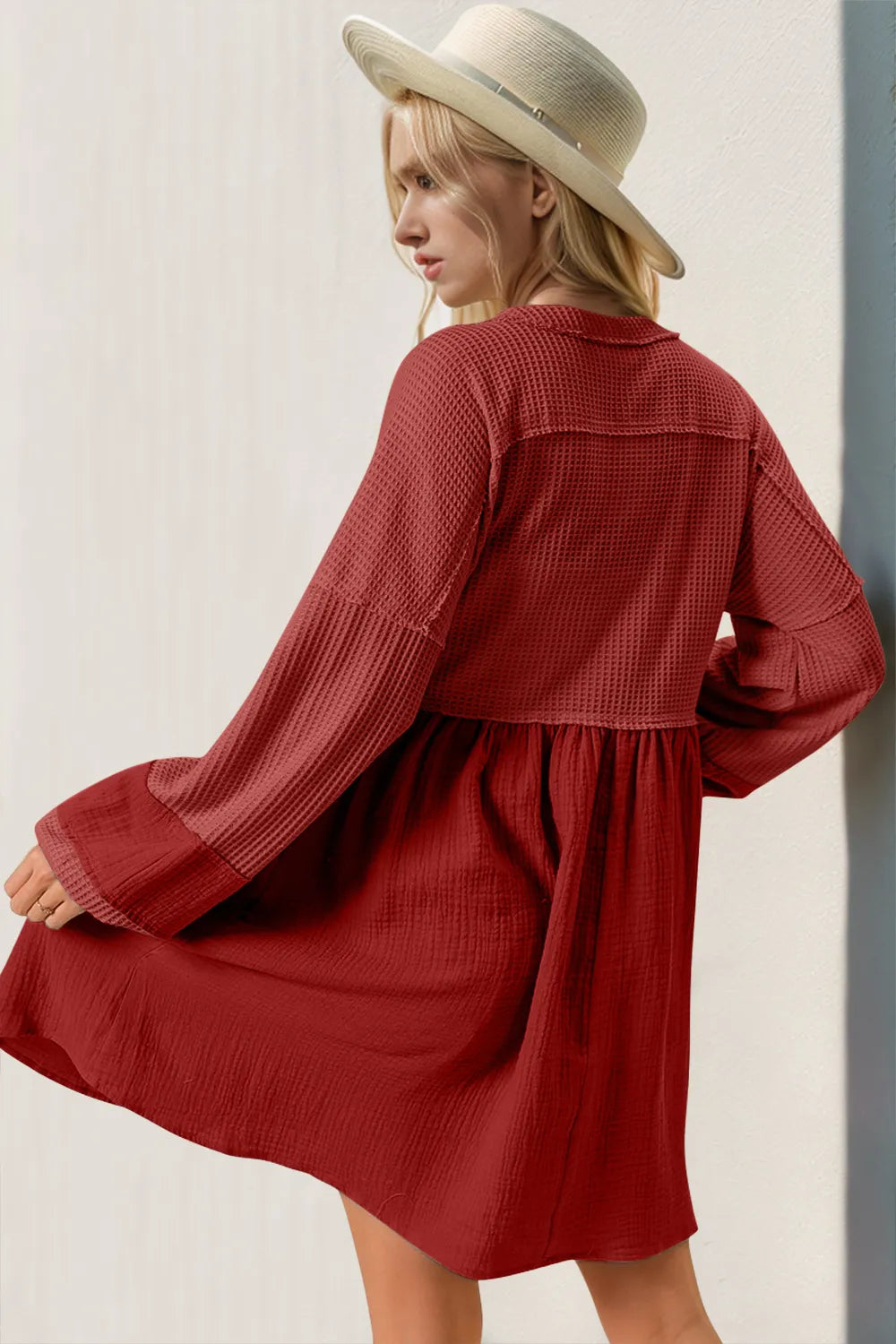 Double Take Waffle-Knit Contrast Half Button V-Neck Long Sleeve Mini Dress - -