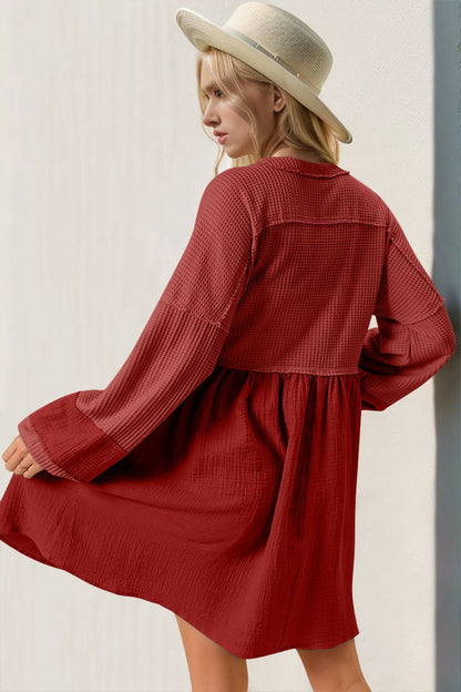 Double Take Waffle-Knit Contrast Half Button V-Neck Long Sleeve Mini Dress - -
