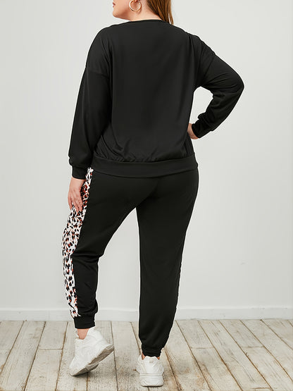 Plus Size Leopard Sweatshirt and Sweatpants Set - -