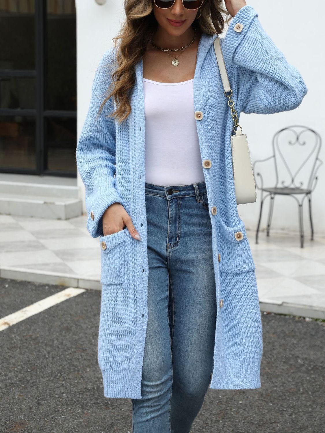 Pocketed Button Up Long Sleeve Hooded Cardigan - -