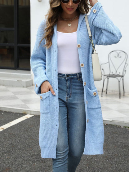 Pocketed Button Up Long Sleeve Hooded Cardigan - -