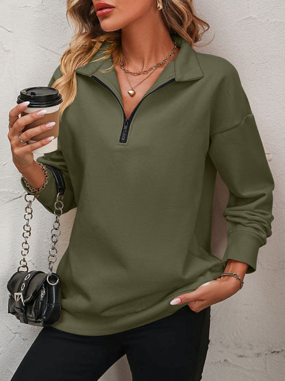 Mandy Zip-Up Dropped Shoulder Sweatshirt - Army Green -