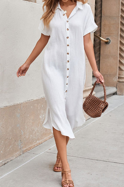 Button Down Short Sleeve Midi Shirt Dress - -