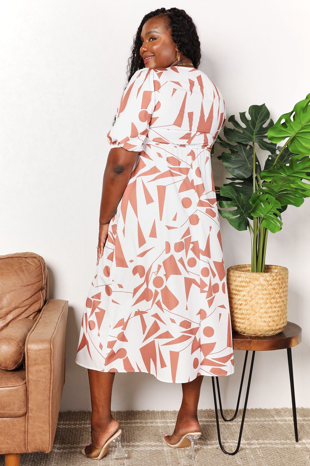 Printed Surplice Balloon Sleeve Dress - -