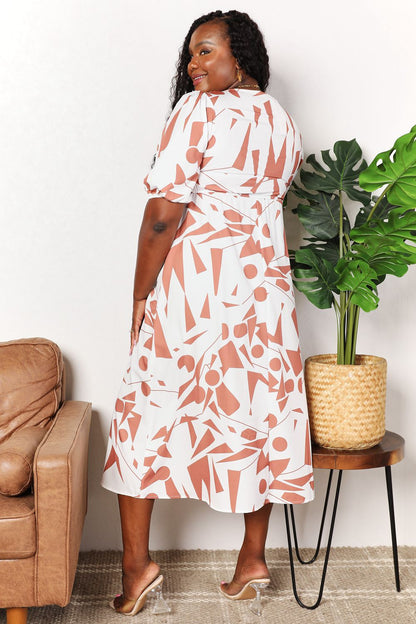 Printed Surplice Balloon Sleeve Dress - -