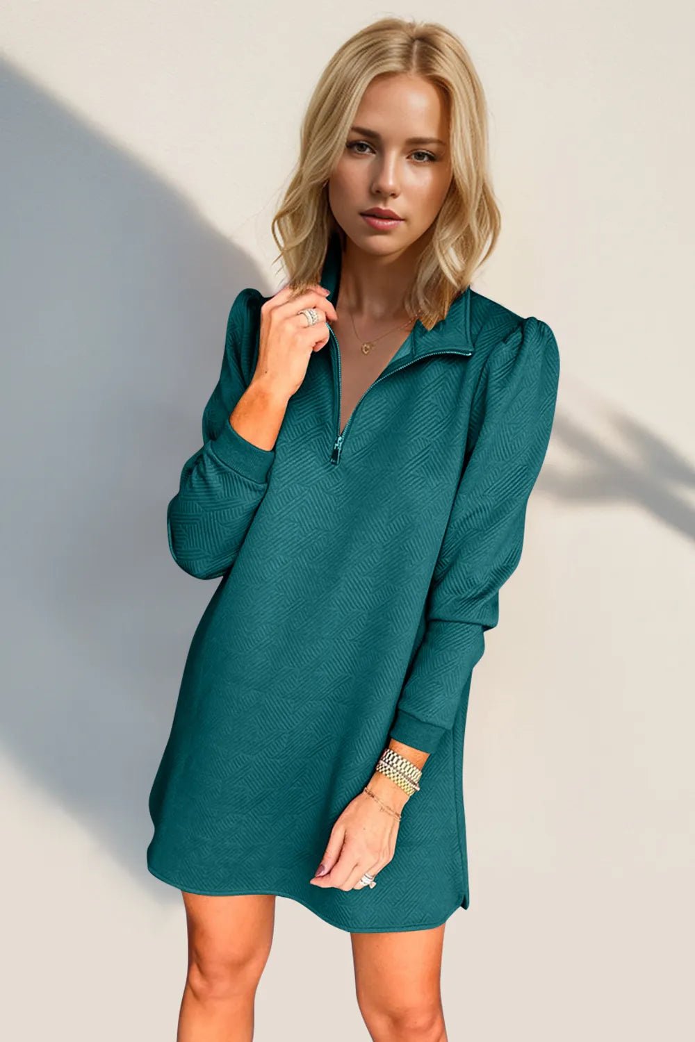 Double Take Textured Quarter Zip Long Sleeve Dress - -