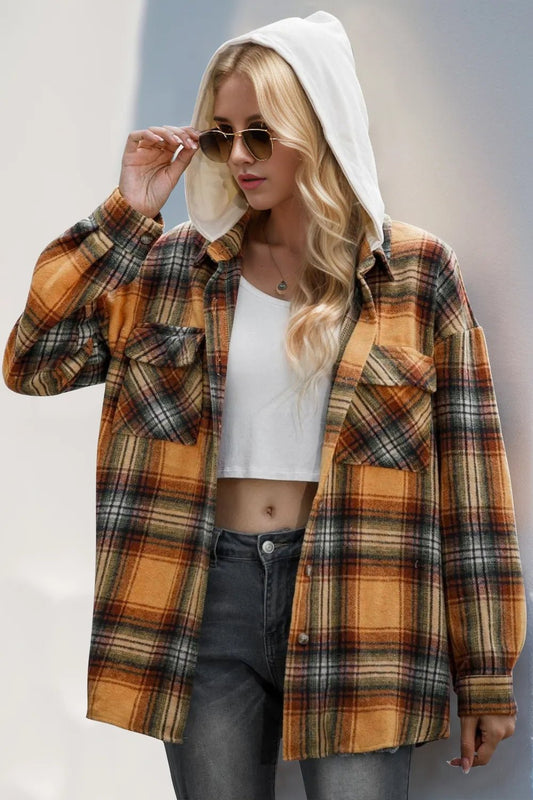 Double Take Drawstring Plaid Long Sleeve Hooded Shacket – | Shannon’s Chique Boutique