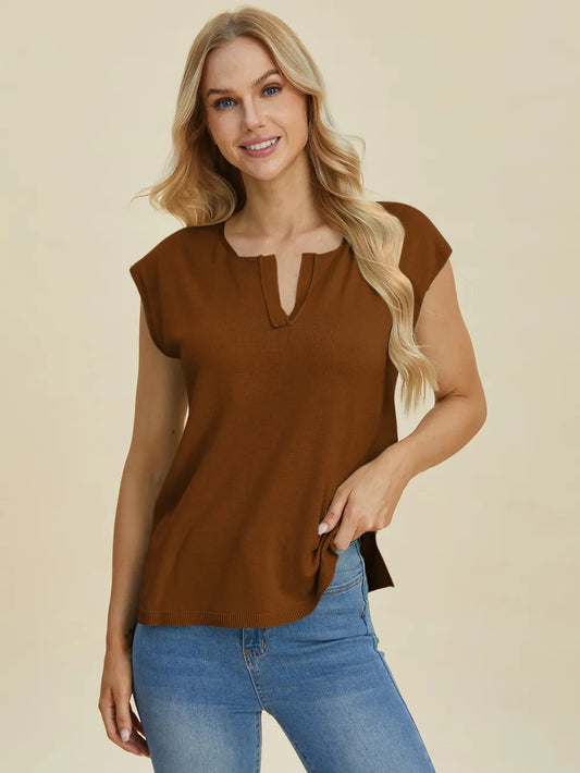 Double Take Full Size Notched Cap Sleeve Knit Top – | Shannon’s Chique Boutique