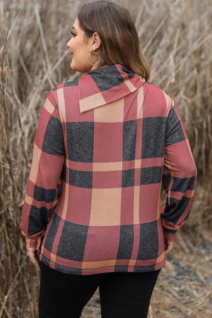 Plus Size Plaid Cowl Neck Long Sleeve Sweatshirt - -