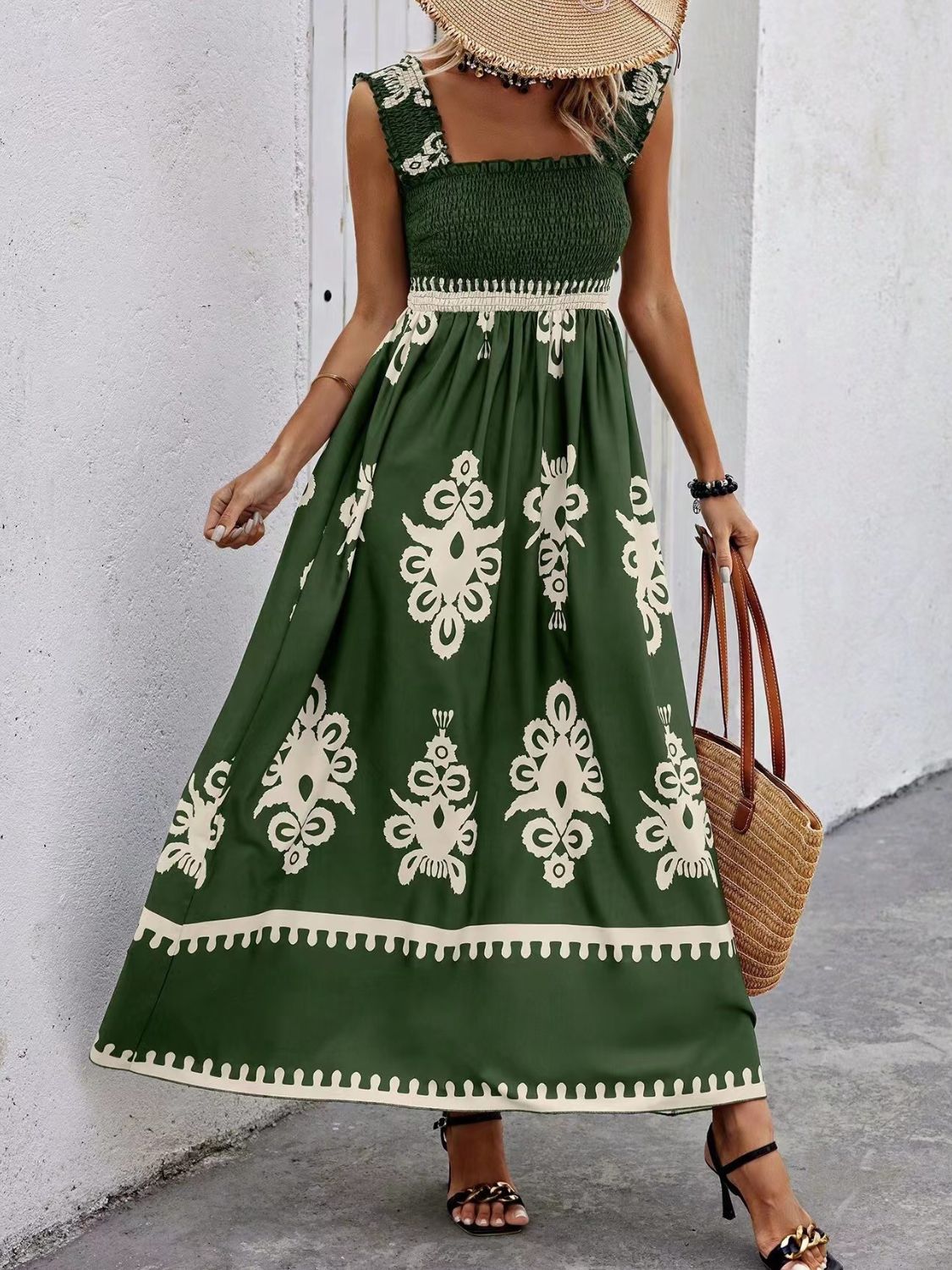 Smocked Printed Wide Strap Maxi Dress - Dark Green -