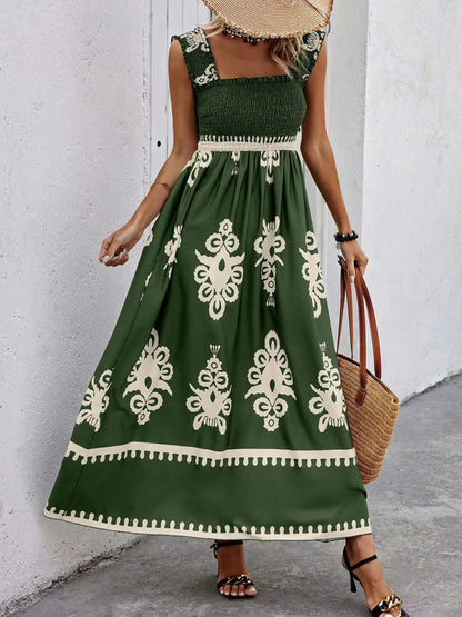 Smocked Printed Wide Strap Maxi Dress - Dark Green -