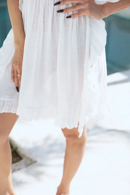 Ruffled Smocked Waist V-Neck Cover-Up - -