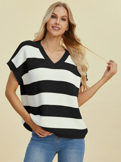 Double Take Full Size Striped V-Neck Short Sleeve Sweater - Black -