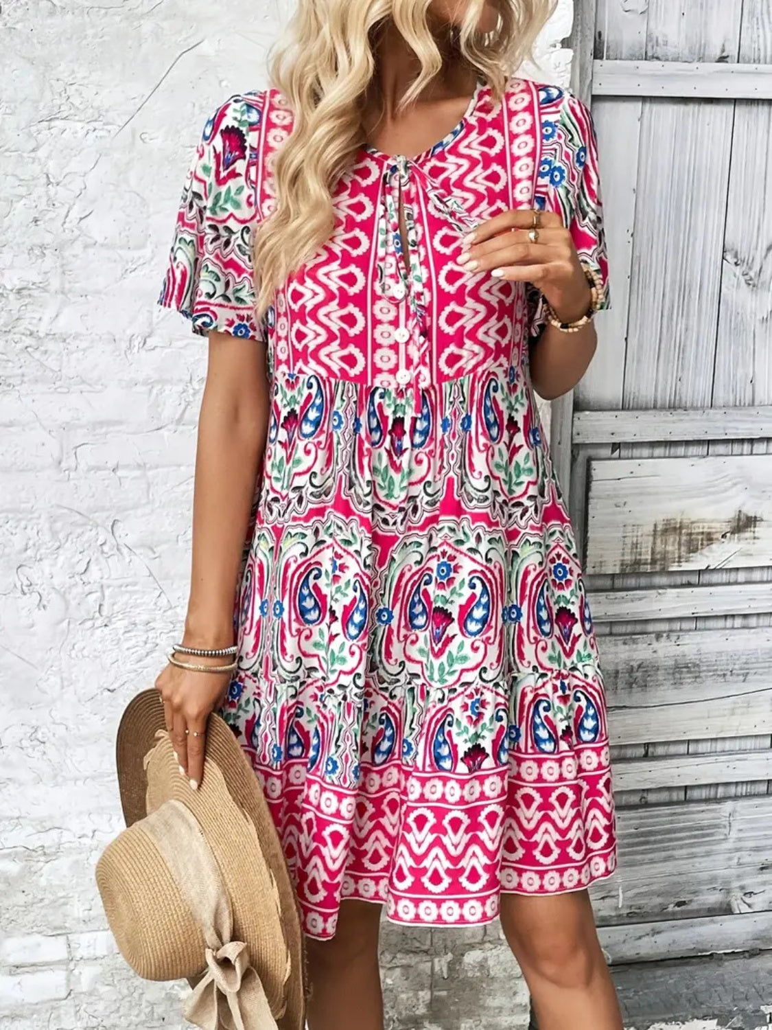 Printed Tie Neck Short Sleeve Dress - -