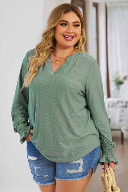 Plus Size Eyelet Notched Flounce Sleeve Blouse - -