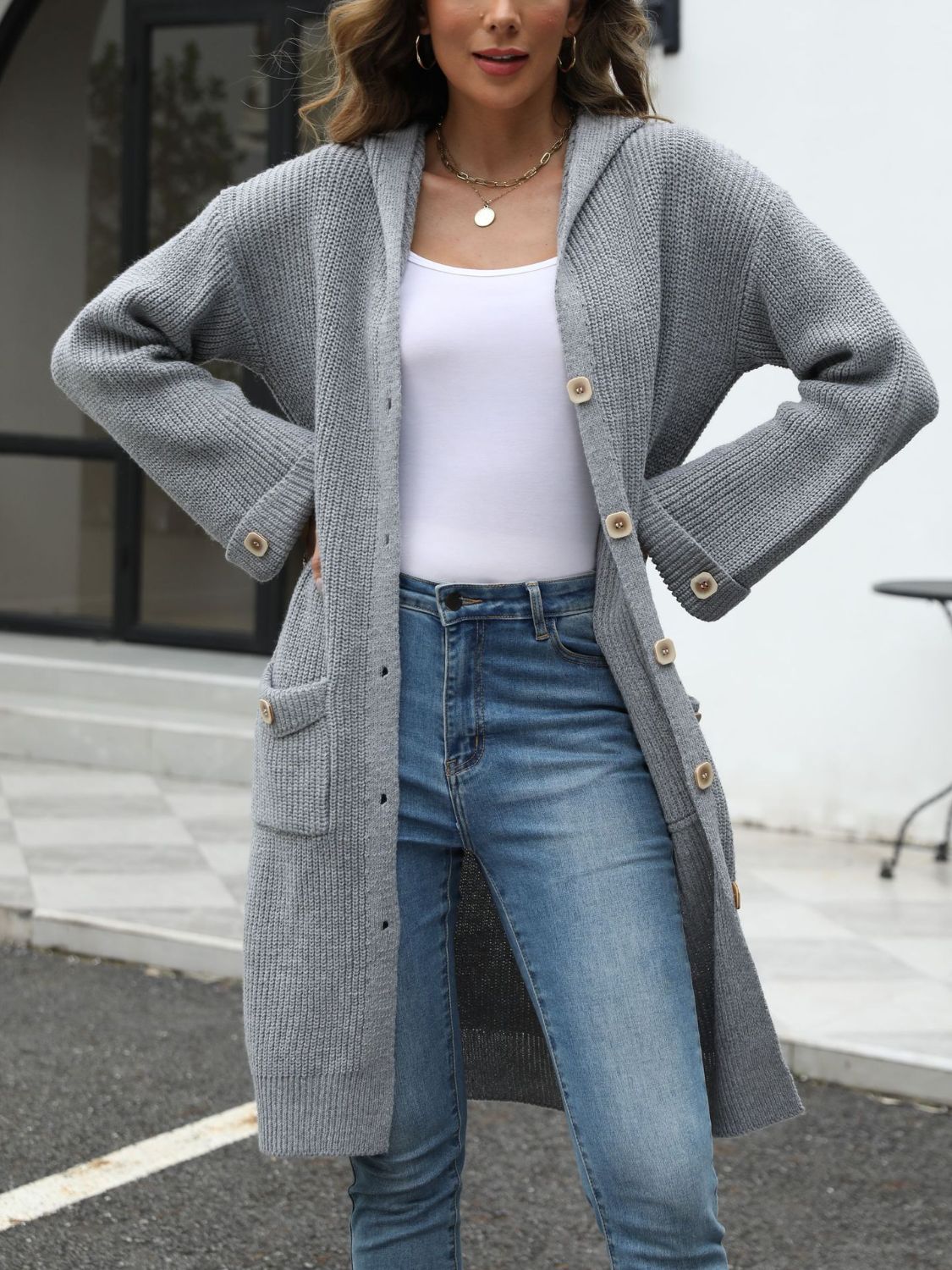 Pocketed Button Up Long Sleeve Hooded Cardigan - -