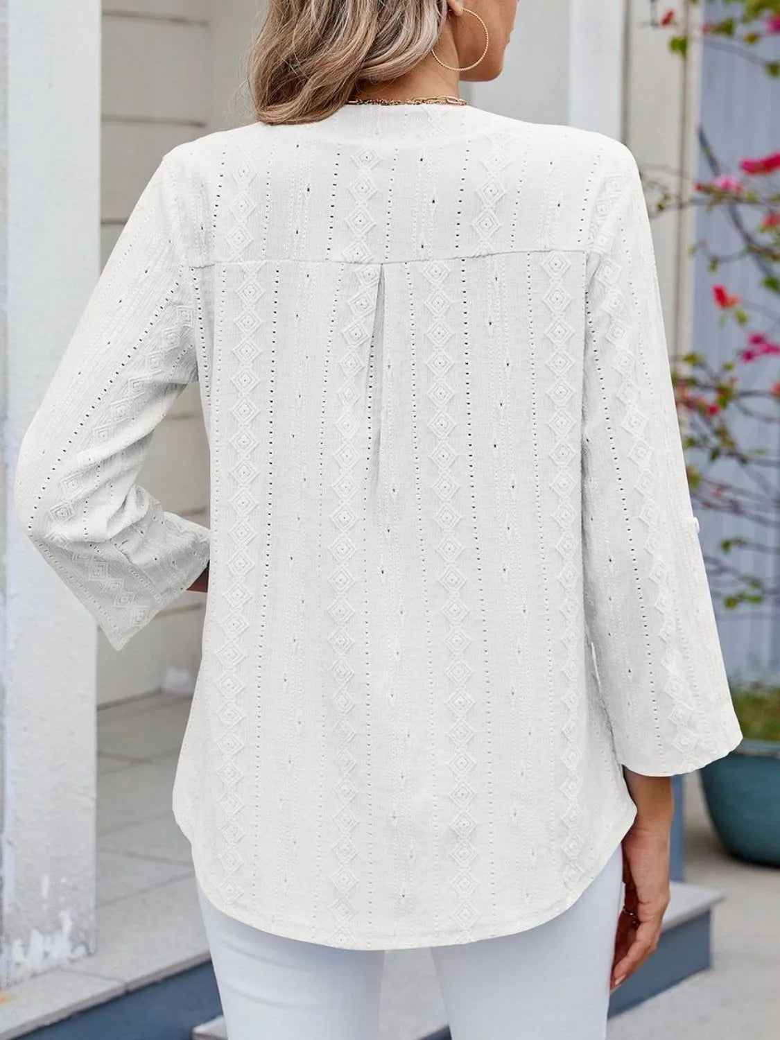 Eyelet Notched Roll-Tab Sleeve Top - -