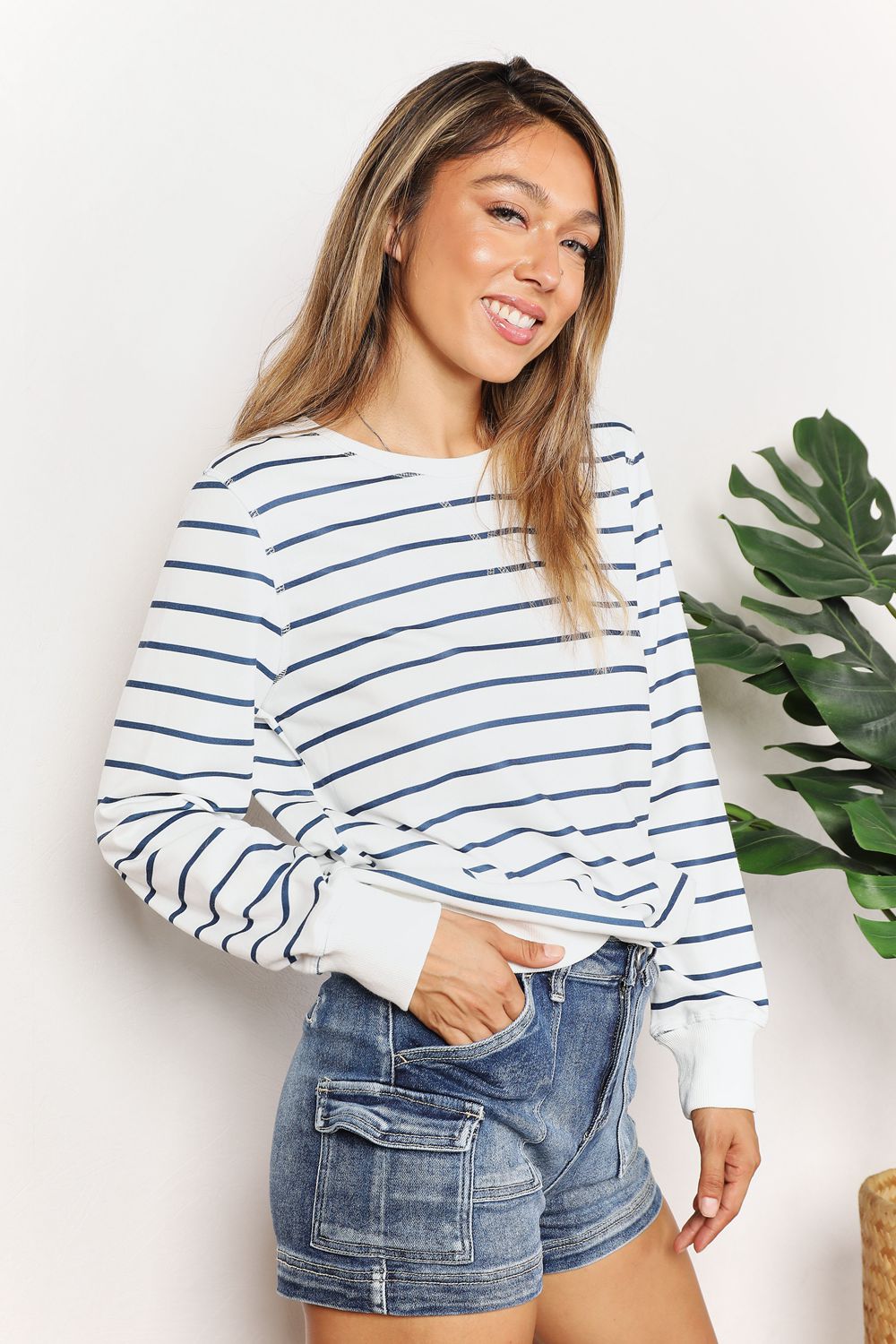 Double Take Striped Long Sleeve Round Neck Top - -