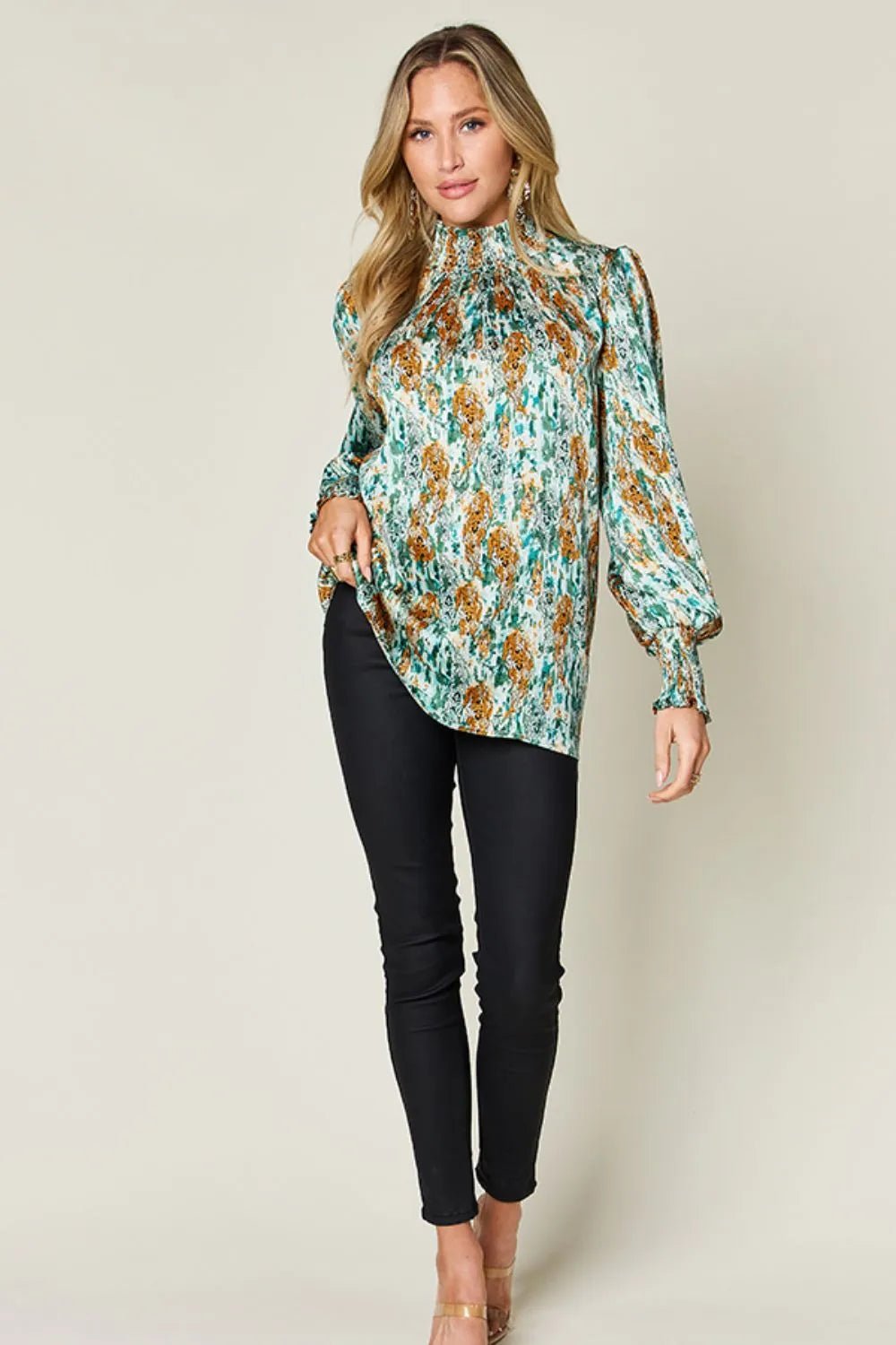 Double Take Full Size Printed Smocked Long Sleeve Blouse - -