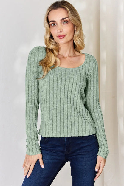 Basic Bae Full Size Ribbed Long Sleeve T-Shirt - Light Green -