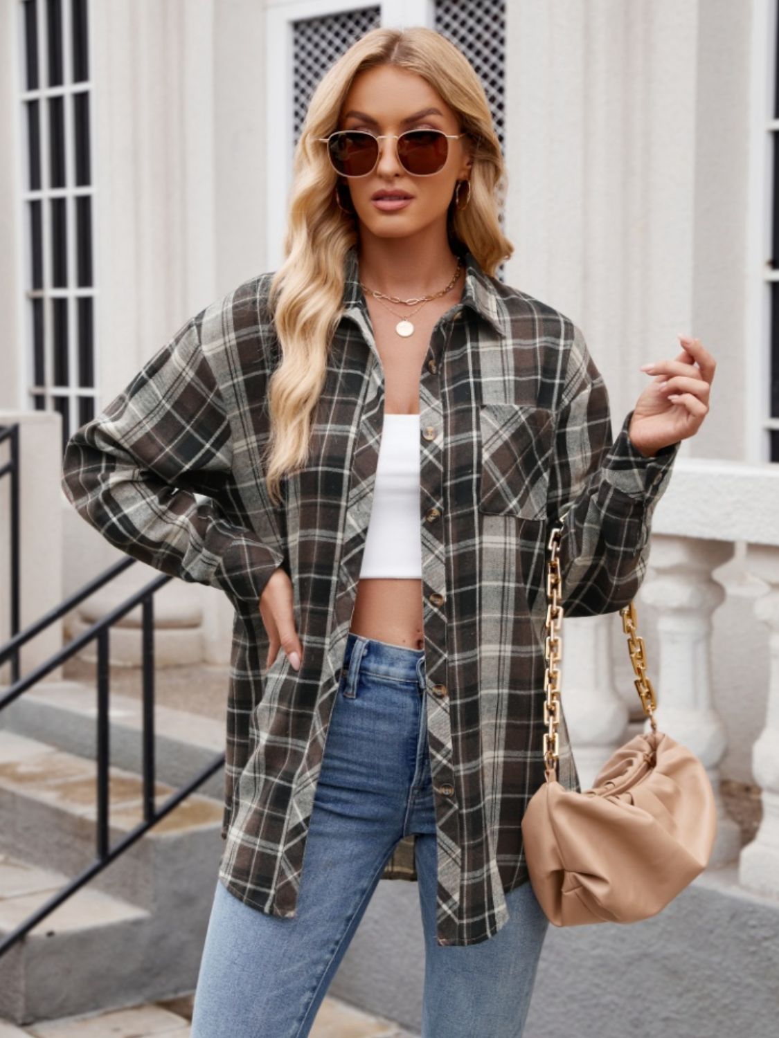 Pocketed Plaid Collared Neck Long Sleeve Shirt - -