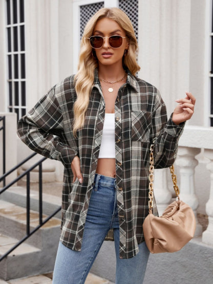 Pocketed Plaid Collared Neck Long Sleeve Shirt - -