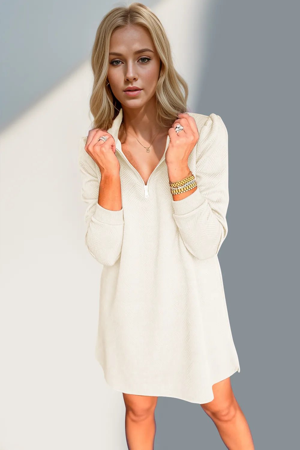 Double Take Textured Quarter Zip Long Sleeve Dress - -