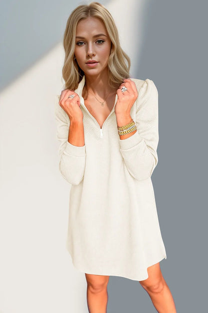 Double Take Textured Quarter Zip Long Sleeve Dress - -