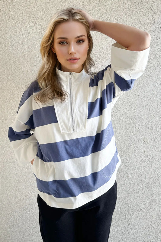 Oh Pima Cotton Wash Striped Half Zip Mock Neck Long Sleeve Top - Dusty Blue -