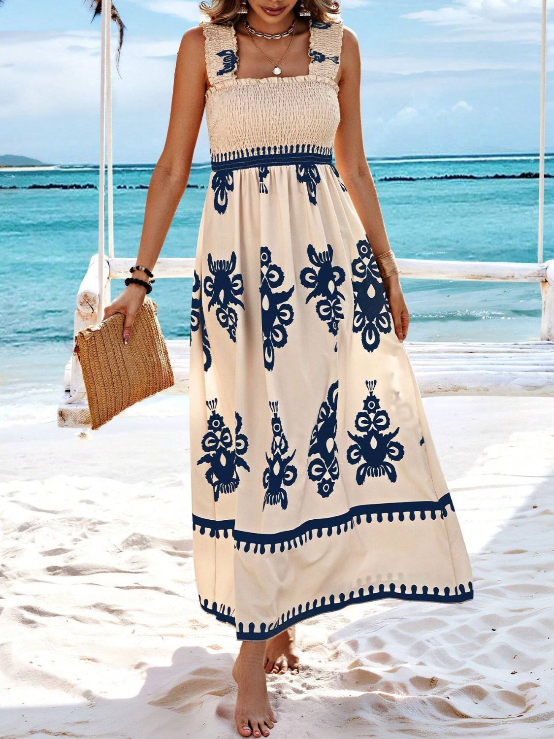 Smocked Printed Wide Strap Maxi Dress - Peacock Blue -