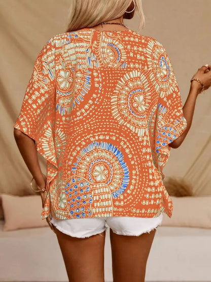 Printed V-Neck Half Sleeve Top - -