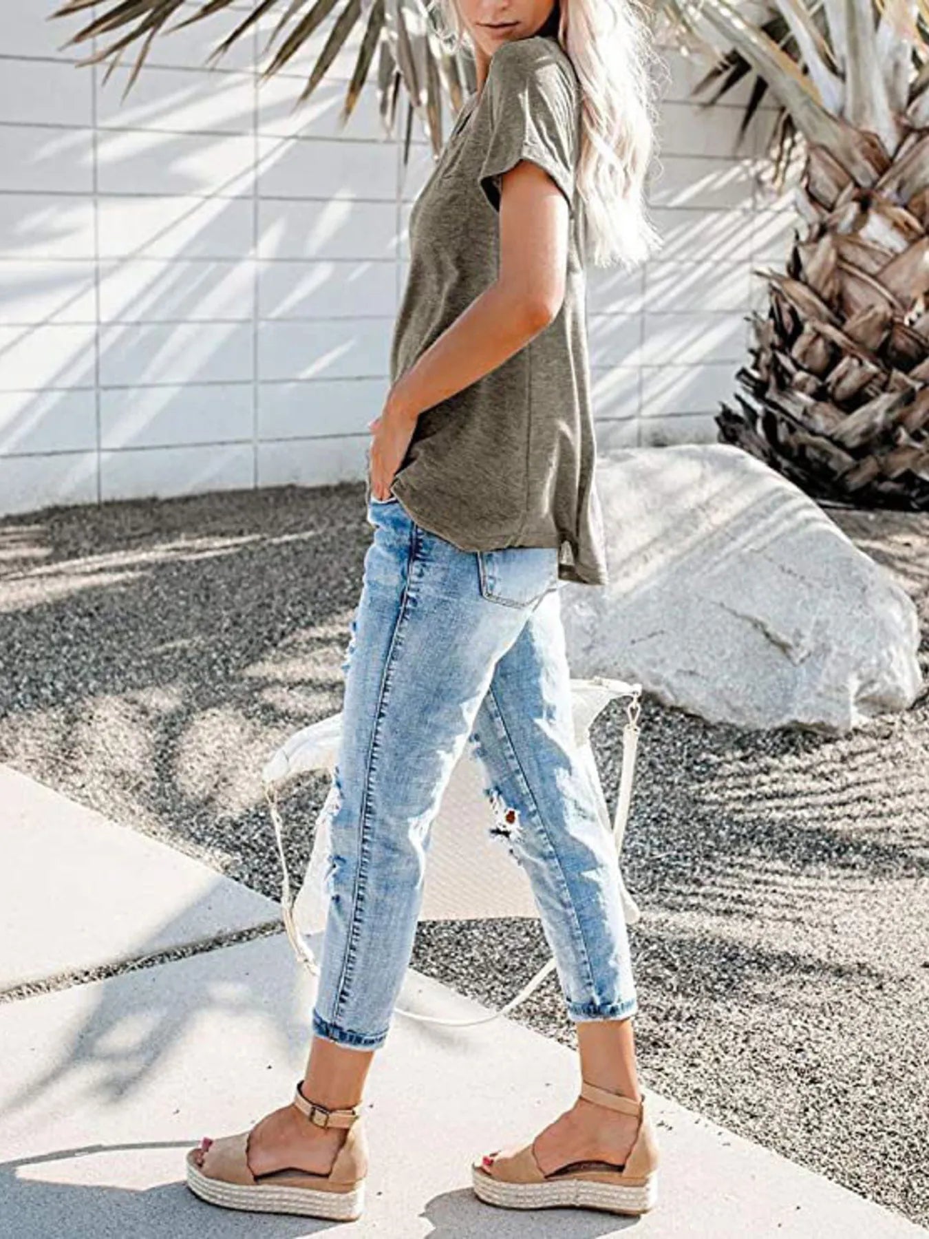 Full Size Notched Short Sleeve T-Shirt Plus Size - -
