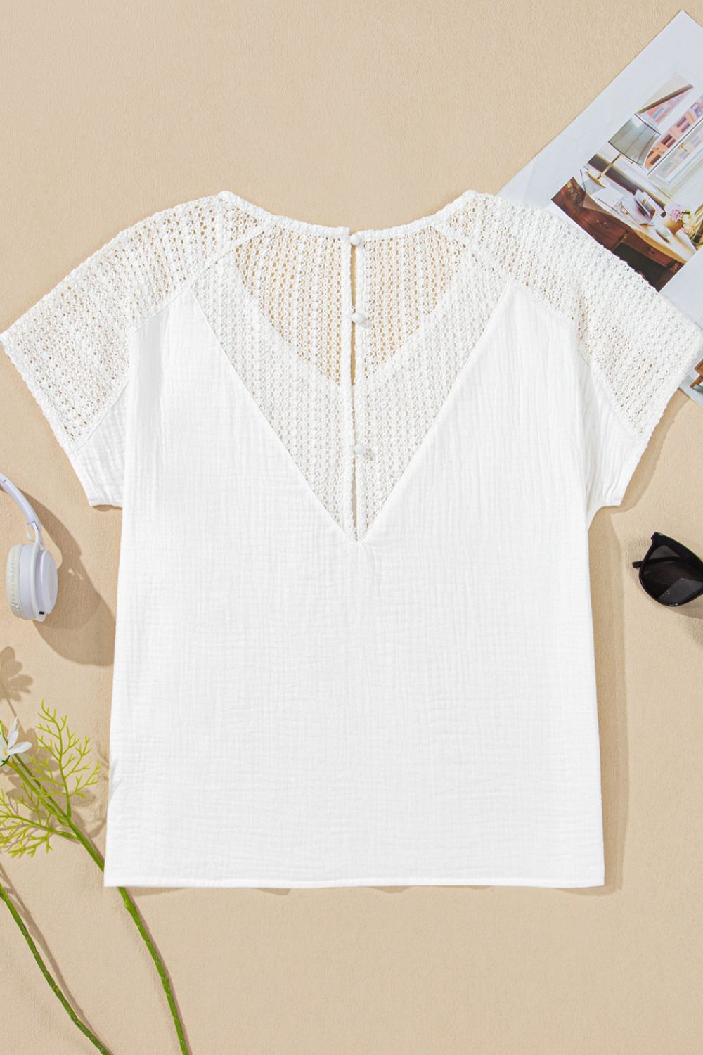 Lace Crochet Textured Button Back V Neck T Shirt - -